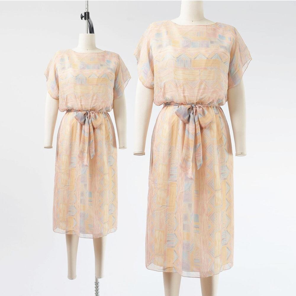 Vintage 80s Pastel Sheer Chiffon Dress Boho Geometric Striped Midi Dress XS S